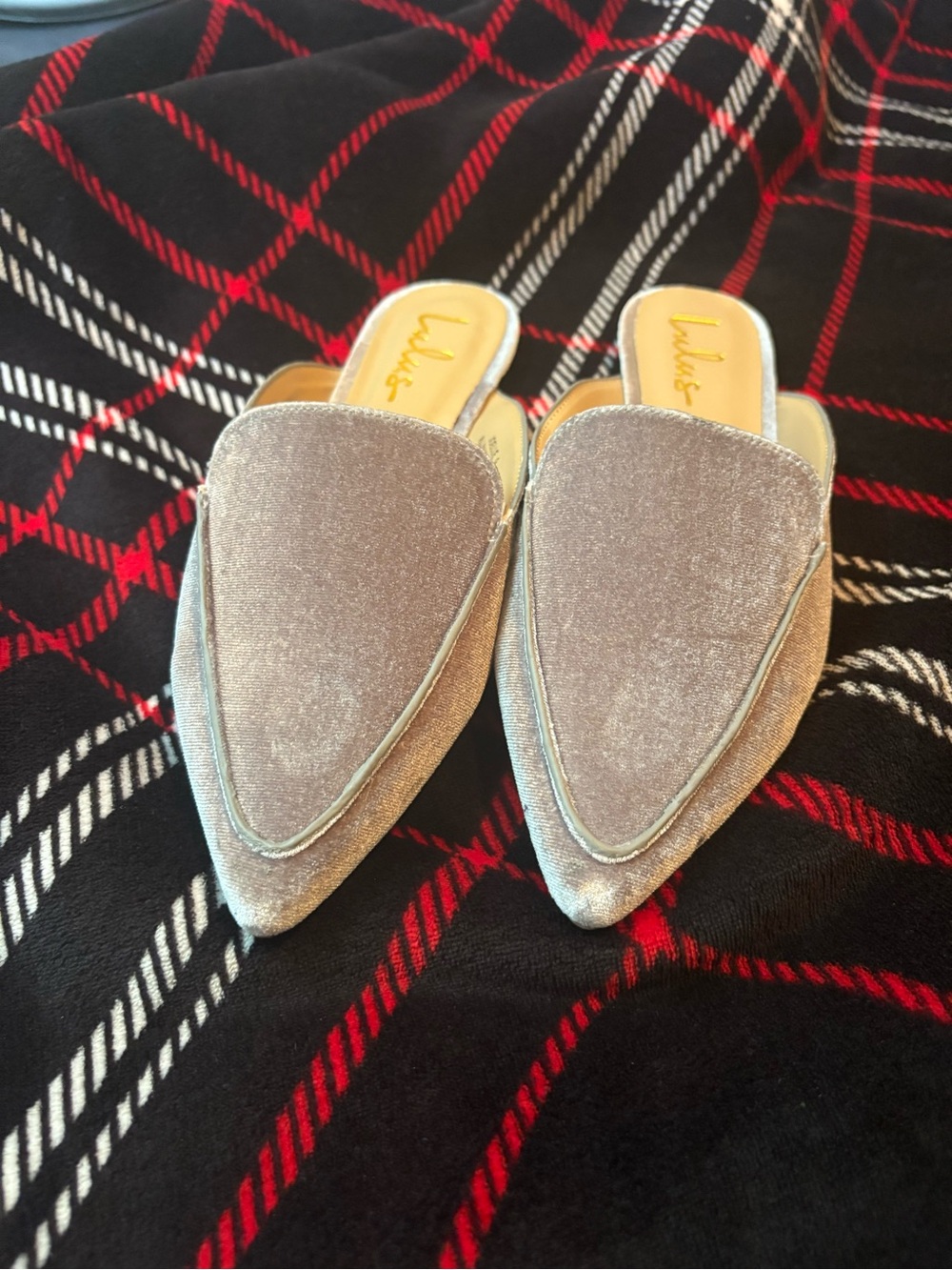 Lulu's Silver Velvet Pointed Toe Slip-On Mules